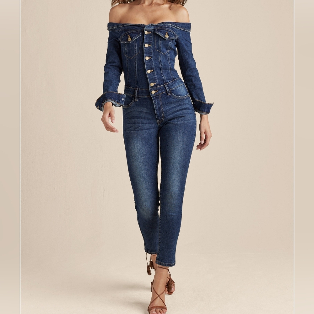 Venus Stylish Blue Off The Shoulder Denim Jumpsuit Women's Size 12